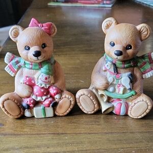 Homco Festive Bear Figurines with Red and Green Accents